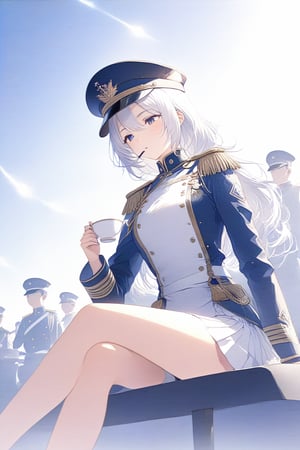 unreal engine, insanely detailed, beautifully lit, woman with white hair, wears white military parade uniform with Epaulettes and aiguillette on it, a white peaked cap, sitting with crossed legs and sipping a tea