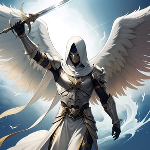 (masterpiece, top quality, best quality, official art, beautiful and aesthetic:1.2), (1male), extreme detailed,(fractal art:1.3),colorful,highest detailed, Silver armor, Male, white hood, Lightbackground, Holding a sword, Raising the sword, flying, white wings, guardian angel, black mask