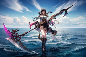 (masterpiece, top quality, best quality, official art, beautiful and aesthetic:1.2), (1girl), extreme detailed,(fractal art:1.3),colorful,highest detailed, Black Hair, Gray eyes, white armor, Holding A scythe,Add more detail, perfect Scythe, sea background, standing in a sea, unending vast sea