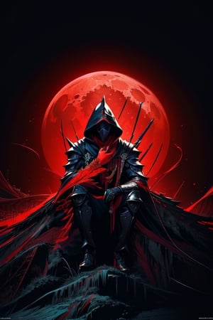 (masterpiece, top quality, best quality, official art, beautiful and aesthetic:1.2), (1male), extreme detailed,(fractal art:1.3),colorful,highest detailed, Black mask, Black modern armor, Male, red shawl, black hood, red moon background