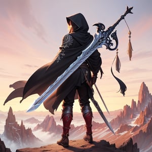 (masterpiece, top quality, best quality, official art, beautiful and aesthetic:1.2), (1man), extreme detailed,(fractal art:1.3),colorful,highest detailed, black cloak, black hood, Greatsword, claymore, big sword, giant sword on his back, hidden face, mountain background 