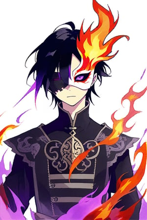 Black hair, one eye, male, Half mask, Purple fire