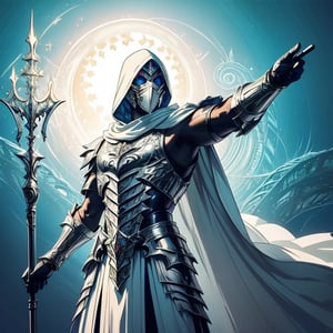 (masterpiece, top quality, best quality, official art, beautiful and aesthetic:1.2), (1male), extreme detailed,(fractal art:1.3),colorful,highest detailed, Silver mask, Silver armor, Male, red shawl, white hood, Lightbackground, Holding a spear, Pointing