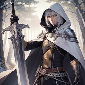 (masterpiece, top quality, best quality, official art, beautiful and aesthetic:1.2), (1man), extreme detailed,(fractal art:1.3),colorful,highest detailed, black cloak, black hood, white hair, Greatsword, claymore, big sword, giant sword on his back