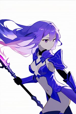 Purple hair, blue fire, Holding a spear, long hair, medium breast, purple armor