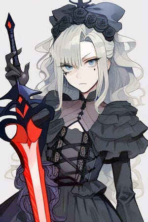 Kriemhild, Kriemhild FGO, FGO, Black dress, gray hair, Lightblue eyes, Black hairdress,  demonic sword, pale_skin, black eyeshadow, eyeshadow, mole under eye, beauty mark under eye, gray skin