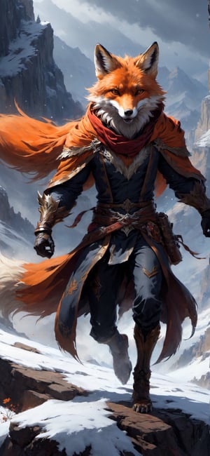 fox, roaring with rage, (walking in snowy mountains cliff), sprinting, torn flesh, tattered clothes, fantasy magic, undercut hairstyle, dark light night, intricate, elegant, sharp focus, illustration, highly detailed, digital painting, concept art, matte, art by wlop and artgerm and greg rutkowski and alphonse mucha, masterpiece, monster