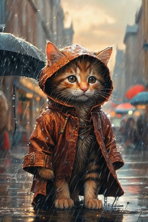 Hyper-detailed  painting, Jean-Baptiste Monge style, a gang of cute little kittens gathered in the rain  under an single black long raincoat, splash, glittering, cute and adorable, filigree, lights, fluffy, magic, surreal, fantasy, digital art, ultra hd, hyper-realistic illustration, vivid colors,  UHD, cinematic perfect light,greg rutkowski,Extremely Realistic