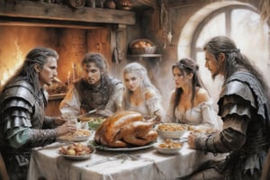 (((Luis Royo style pastel color pencil illustration, detailed background))), 
Band of adventurers eating Thanksgiving super in a inn.,l3min,aesthetic portrait