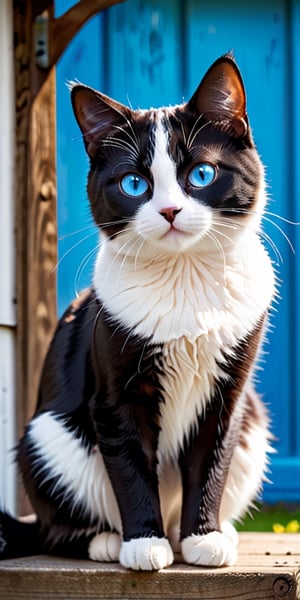 Craft a charming image of a beautiful black-white cat with smooth, glassy blue eyes sitting next to a sign that reads 'Best of luck.' Set this delightful scene against a beautiful background to create a captivating and heartwarming image.