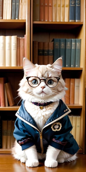 Envision an adorable and playful scene: A cat sits in front of a bookshelf, adorned with glasses and a vintage jacket, resembling an intellectual little princess,v0ng44g