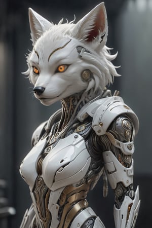Masterpiece, best quality, absurdres, 8k, perfectly_detailed, close-up image of A cyborg White fox, divine backgrounds. Mechanical parts, titanium alloy frame, ceramics coating, muscles, cables and gears, strong. H.R.Geiger.  ,c1bo,DonMChr0m4t3rr4XL ,scarlett johansson,hdsrmr