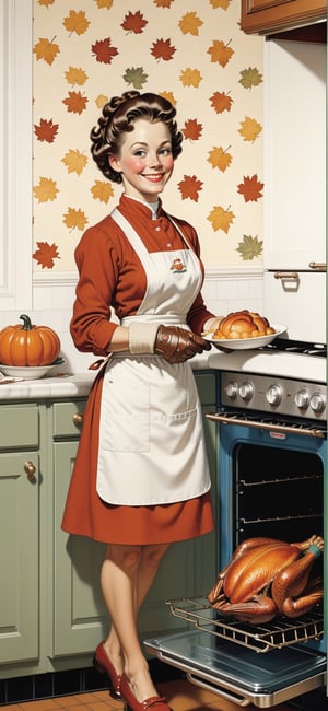 2D, ((cute mom)), smiling, taking a Thanksgiving Turkey out of the oven, wearing oven mitts, in the kitchen, decorative wallpaper, autumn outside, (style of Norman Rockwell:1.3), (masterpiece, best quality:1.5)