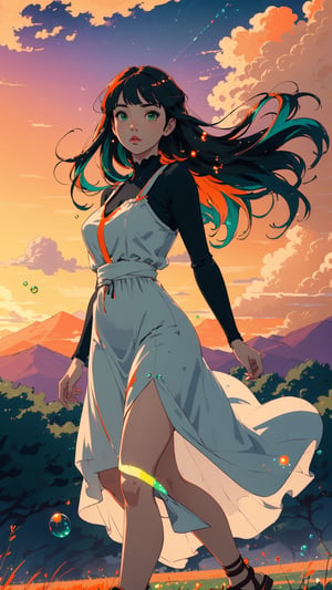 ((masterpiece)), (best quality), (cinematic), a woman in a long white dress, running through an open field, long black hair, bangs, chubby, wide hips, full body, green eyes, freckles on cheeks, wind, detailed face, detailed body, red and orange sky, glow, clouds, vegetation, green plains, floating bubbles, (cinematic, colorful), vast field, (extremely detailed), inspired by Studio Ghibli, EpicSky, cloud, sky, highly detailed, detailed face