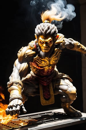 1 sun wukong is running out from the oven, (body is burning with fire and smoke), funny, interesting, dramatic, masterpiece, best quality,