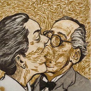 (close-up realistic portrait of honecker and breschnew kiss) scene  in gouache style, featuring gold platinum doodle sketch and full colour wild brushwork and woodcut technique , painting style by Hasselblad 500CM, medium format film grain, Fuji FX 18-55mm lens, Fuji FX 100 film aesthetic, ultra clear, cinematic masterpiece