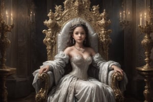 full body vibrant illustrations, intricately sculpted, realistic hyper-detailed portraits, queencore, depicts real life, 
the scene happens in a luxurious throne room, detailed background, illuminated with a thousand candles