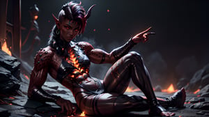 1gir, solo, absurdres, [perfect shadows and lighting], detailed background, incredible high-key lighting, masterpiece, high quality, detailed, extremely detailed, ambient soft lighting, 4K, looking at viewer, emb3r4rmor, Karlach, demon girl, colored skin, Red skin, dark skin, scars, muscular, slit pupils, earrings, piercings, full body shot,Karlach