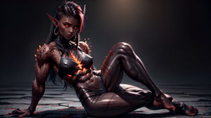 1gir, solo, absurdres, [perfect shadows and lighting], detailed background, incredible high-key lighting, masterpiece, high quality, detailed, extremely detailed, ambient soft lighting, 4K, looking at viewer, emb3r4rmor, Karlach, demon girl, colored skin, Red skin, dark skin, scars, muscular, slit pupils, earrings, piercings,emb3r4rmor, full body shot