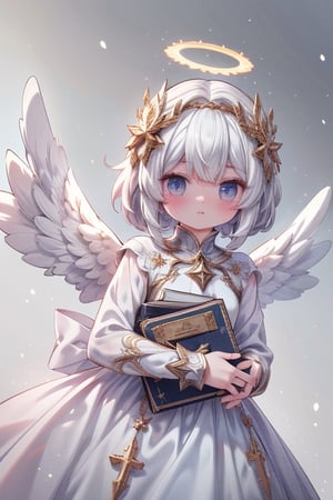 absurdres, [perfect shadows and lighting], detailed background, incredible high-key lighting, masterpiece, high quality, detailed, extremely detailed, ambient soft lighting, 4K, 1girl, looking at viewer, solo, emb3r4rmor, no helmet, fully covered,(((shades of white, cute, ))), angel wings, doughtnut halo, thin, snowing, (cotton candy dress,) cute armored angel, (((bible accurate angel)))