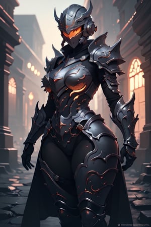 absurdres, [perfect shadows and lighting], detailed background, incredible high-key lighting, masterpiece, high quality, detailed, extremely detailed, ambient soft lighting, 4K, 1girl, looking at viewer, solo, emb3r4rmor, no helmet, wide hips, thick thighs, sword and shield,