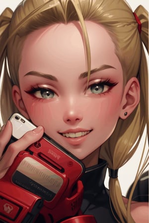 cammy sf6, cammy white, phone background, blow a kiss, twin braided tails, blonde hair, smiling, happy, ((bust image))