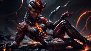 1gir, solo, absurdres, [perfect shadows and lighting], detailed background, incredible high-key lighting, masterpiece, high quality, detailed, extremely detailed, ambient soft lighting, 4K, looking at viewer, emb3r4rmor, Karlach, demon girl, colored skin, Red skin, dark skin, scars, muscular, slit pupils, earrings, full body shot, Karlach, [female]