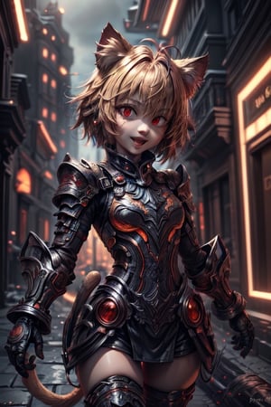 absurdres, [perfect shadows and lighting], detailed background, incredible high-key lighting, masterpiece, high quality, detailed, extremely detailed, ambient soft lighting, 4K, 1girl, looking at viewer, solo, emb3r4rmor, no helmet, tail, blonde hair, red eyes, animal ears, cat ears, slit pupils, :3, bangs, antenna hair, short hair, cat girl, :d, chibi