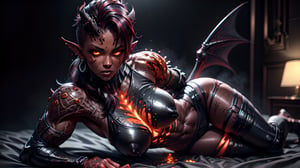 1gir, solo, absurdres, [perfect shadows and lighting], detailed background, incredible high-key lighting, masterpiece, high quality, detailed, extremely detailed, ambient soft lighting, 4K, looking at viewer, emb3r4rmor, Karlach, demon girl, colored skin, Red skin, dark skin, scars, muscular, slit pupils, earrings, piercings,emb3r4rmor, full body shot