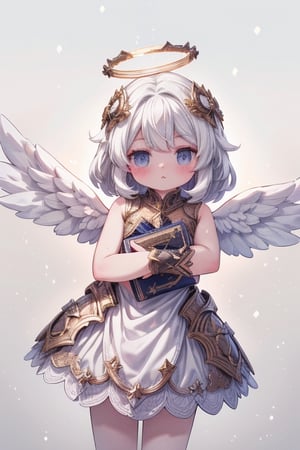 absurdres, [perfect shadows and lighting], detailed background, incredible high-key lighting, masterpiece, high quality, detailed, extremely detailed, ambient soft lighting, 4K, 1girl, looking at viewer, solo, emb3r4rmor, no helmet, fully covered,(((shades of white, cute, ))), angel wings, doughtnut halo, thin, snowing, (cotton candy dress,) cute armored angel, (((bible accurate angel))), thin bikini, 