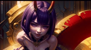 HIGHLY DETAILED, digital illustration, shuten douji, horns, bob cut, smile, purple eyes,  purple hair,  small breasts, oni horns, ,shuten douji, flirty, laying on her side,