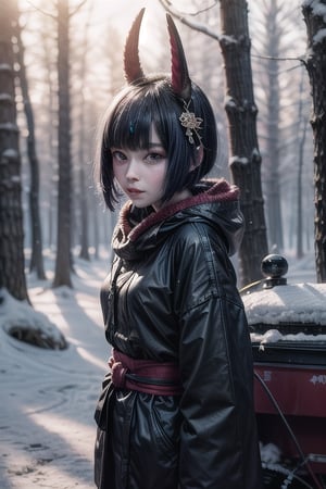 absurdres, [perfect shadows and lighting], detailed background, incredible high-key lighting, masterpiece, high quality, detailed, extremely detailed, ambient soft lighting, 4K, 1girl, looking at viewer, solo, no helmet, fully covered,(((cute, ))), thin, snowing, (( shuten douji)), pullover, winter forest background,  winter, warm clothes 