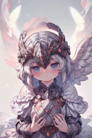 absurdres, [perfect shadows and lighting], detailed background, incredible high-key lighting, masterpiece, high quality, detailed, extremely detailed, ambient soft lighting, 4K, 1girl, looking at viewer, solo, emb3r4rmor, no helmet, fully covered,(((shades of white, cute, ))), angel wings, doughtnut halo, thin, snowing, (cotton candy dress,) cute armored angel, (((bible accurate angel))), 