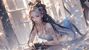 (masterpiece, top quality, best quality, official art, beautiful and aesthetic:1.2), (1girl:1.2), cute, extreme detailed,(abstract:1.4, fractal art:1.3),(silver_hair:1.1), fate \(series\), colorful,highest detailed, fire, ice, lightning, (splash_art:1.2), jewelry:1.4, hanfu, ,  scenery, ink,1 girl,aespakarina,HOG_Calligraphy_Tatoo