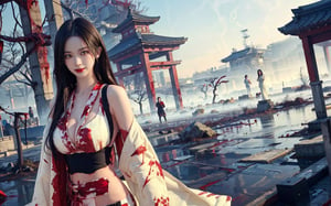 A medium shot photography of a beautiful woman, she is 175cm tall, big breast, slim_waist, curve hips, she is wearing a elegant white kimono, a lot of blood on her kimono and blood all over her body, she posing on the side,  looking at far distanceabove, she got evil smile, in the background the are mist surrounding the old Japanese building, there are no light in surrounding area, the time is midnight, it very hard to see the surrounding area,blood,1,(blood on Body:1.5), (evil smile:1.2),aespakarina