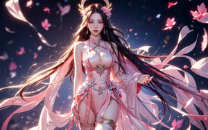 1girl, Asian girl, Standing, Looking at viewer, Face mask, forehead, Bright eyes, Blush, long hair, Hair ornament, large breasts, Naked_thigh highs, narrow waist, Chinese clothes, transparent top , jewelry, earrings, high detail leather, real leather, halo, illuminated Chinese calligraphy, energy flow, falling petals, wind, blurred background, masterpiece, top quality, best quality , beautiful and aesthetic, (Dazzling space, enchanting radiance, radiant light, ethereal atmosphere, enchanting light, sensuous color,( very sexy),aespakarina