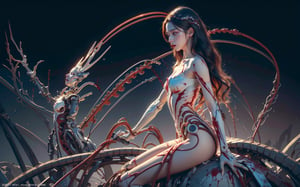 (masterpiece, top quality, best quality, official art, beautiful and aesthetic:1.2), (1girl:1.3), extreme detailed,colorful,highest detailed ((ultra-detailed)), (highly detailed CG illustration), ((an extremely delicate and beautiful)),(from side),cinematic light,((1mechanical girl)),solo,full body,(machine made joints:1.2),((machanical limbs)),(blood vessels connected to tubes),(mechanical vertebra attaching to back),((mechanical cervial attaching to neck)),(sitting),expressionless,(wires and cables attaching to neck:1.2),(wires and cables on head:1.2)(character focus),science fiction,white background,(blood:1.5), BJ_Sacred_beast,girl,blood,aespakarina