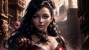 ((masterpiece:1.2, top quality)), (realistic:1.2),(close-up), ((solo_female:1.5), detailed skin, light makeup, smooth skin, (medium breasts:1.2), slight grin smile, detailled shaped eyebrows, (mesmerizing woman:1.3), 
(ultra detailed long hair, black hair color), ((steampunk background)),
3d unreal engine, futuristic, jewels, beautiful,fantasy00d, light effect,ultra resolution, 8K, ((ultra detailed:1.3)),cinematic, 
(steampunk valentine's day (red) dress, (cotton Fleece cloth:0.6), steampunk hair accessory, (earrings, same earrings)), outdoor, 
photo of perfecteyes eyes,
(((valentine's day:1.4))),Sexy Pose, rose petals