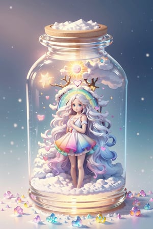 ((magical girl, white hair, rainbow eyes, doll dress, short dress, long hair, small breasts, pale skin, soft skin, colorful snow background, rainbow, hearts, snow, snowing, ice, pastel, sun)), (masterpiece, best quality:1.2), fluffy, soft, light, bright, sparkles, twinkle, slightly downcast eyes, cute, pink, purple, (crystals), (on toy figure stand), glass bottle,  jar, gib\(concept\),bottle,kawaiitech, clouds