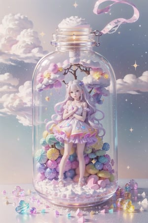 ((magical girl, rainbow, white hair, doll dress, short dress, long hair, purple eyes, small breasts, pale skin, soft skin, colorful snow background, rainbow, hearts, snow, snowing, ice, pastel, sun, clouds, sparkles, twinkle, crystals)),( fluffy, soft, light, bright, slightly downcast eyes, cute, pink, purple,  candy, sweets) (masterpiece, best quality:1.2), (on toy figure stand), glass bottle,  jar, gib\(concept\),bottle,kawaiitech