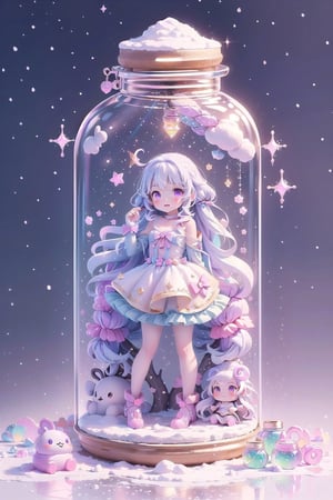 ((magical girl, rainbow, white hair, doll dress, short dress, long hair, purple eyes, small breasts, pale skin, soft skin, colorful snow background, rainbow, hearts, snow, snowing, ice, pastel, sun, clouds, sparkles, twinkle, crystals, stars)),( fluffy, soft, light, bright, slightly downcast eyes, cute, pink, purple,  candy, sweets) (masterpiece, best quality:1.2), (on toy figure stand), glass bottle,  jar, gib\(concept\),bottle,kawaiitech