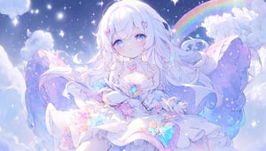 ((magical girl, white hair, rainbow eyes, doll dress, short dress, long hair, small breasts, pale skin, soft skin, colorful snow background, rainbow, hearts, snow, snowing, ice, pastel, sun)), (masterpiece, best quality:1.2), fluffy, soft, light, bright, sparkles, twinkle, slightly downcast eyes, cute, pink, purple, crystals