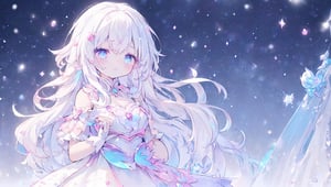 ((magical girl, white hair, rainbow eyes, doll dress, short dress, long hair, b cups, pale skin, soft skin, colorful snow background, rainbow, hearts, snow, snowing, ice, pastel, sun)), (masterpiece, best quality:1.2), fluffy, soft, light, bright, sparkles, twinkle, slightly downcast eyes, cute, pink, purple, crystals