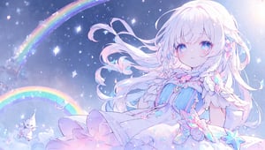 ((magical girl, white hair, rainbow eyes, doll dress, short dress, long hair, b cups, pale skin, soft skin, colorful snow background, rainbow, hearts, snow, snowing, ice, pastel, sun)), (masterpiece, best quality:1.2), fluffy, soft, light, bright, sparkles, twinkle, slightly downcast eyes, cute, pink, purple, crystals