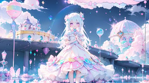 ((((1girl, bright white hair, long hair, purple eyes, pale skin, lolita dress, white dress, short dress, white thigh stockings, small breasts, pale skin, soft skin, rainbow, hearts, pastel, crystals, halo, colorful, doll, pink, purple, blue))))
(((flat ground, ground with white water, ground with glowing pastel rainbow color running through water)))
(((sky with clouds, sphere of magical white energy in the top of the sky, pastel rainbow sparkles on the edge of sphere of magical white energy, magical ribbons of pastel rainbow colors sirwling into sphere of magical white energy in top the sky)))
((lots of dolls everywhere))
((light atmosphere))
(fluffy, soft, light, bright, sparkles, twinkle, cute, pink, purple, blue, clouds, pastel, light colors, glitter, happy, normal pupil)
best quality, masterpiece, Detailedface, high_res 8K, candyland, full background, candy, sweets, lollipop, chocolate, ice cream, swirl lollipop, strawberry, ice cream, doughnut, cake, cupcake, balloon, chocolate bar, bubble, cream, whipped cream, dessert, pastry, candy wrapper, icing, teacup, confetti, cotton candy