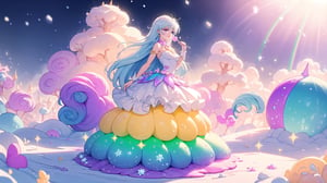 ((magical girl, white hair, purple eyes, doll dress, short dress, long hair, pale skin, soft skin, colorful snow background, rainbow dress, white dress, hearts, snow, snowing, ice, pastel, sun)), (masterpiece, best quality:1.2, , extremely detailed, Female profile, Delicate features, High resolution), (crystals), fluffy, soft, light, bright, sparkles, twinkle, slightly downcast eyes, cute, pink, purple, rainbow
(masterpiece, best quality:1.2), 8k, top quality, cryptids, cookie, (sugar, glitter), rainbow, glowing, digital illustration, smile, finely detailed face, detailed eyes, lipstick, falling, beautiful face, celestial prit, looking to the side, stunning, sharp focus, floating particles, insaneres, surreal, cinematic, (dynamic scene:1.1), line of action, ultra-detailed wallpaper, (intricate details), dreamy, floating] raytracing, (blending), in the style of pixar, cloud, cotton candy, whipped cream, dream, fantastic lighting and composition, fruit, colorful, vivid, a world made of candy, plant, scenery, full background, (cupcake:1.2), highly detailed, beautiful, personification, deep depth of field, adorable, cute, (gradients), sweet, shiny, delicious, bloom, volumetric lighting, (fantasy), candyland, candy, see-through, transparent, glass, bubble, (jello), coral colors, smooth, extremely detailed,cryptids,(best quality,kawaiitech,rayearth, fullbody