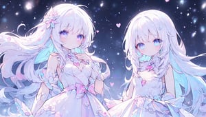 ((magical girl, white hair, rainbow eyes, doll dress, short dress, long hair, small breasts, pale skin, soft skin, colorful snow background, rainbow, hearts, snow, snowing, ice, pastel, sun)), (masterpiece, best quality:1.2), fluffy, soft, light, bright, sparkles, twinkle, slightly downcast eyes, cute, pink, purple, crystals