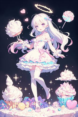 (((1girl, bright white hair, long hair, purple eyes, lolita dress, white dress, short dress, white stockings, small breasts, pale skin, soft skin, rainbow, hearts, heart pillows, pastel, crystals, halo, colorful, pink, purple, blue, dolls))
(fluffy, soft, light, bright, sparkles, twinkle, slightly downcast eyes, cute, pink, purple, blue, clouds)
(happy)
(sugar, glitter)
(fullbody)
(intricate details)
(cupcake:1.2)
(gradients)
(fantasy)
(jello)
(masterpiece, best quality:1.2)
(dynamic scene:1.1)
(blending)
(best quality)
8k, top quality, cryptids, cookie, rainbow, glowing, digital illustration, finely detailed face, detailed eyes, full body, falling, beautiful face, celestial prit, looking to the side, stunning, sharp focus, floating particles, insaneres, surreal, cinematic, line of action, ultra-detailed wallpaper, dreamy, floating raytracing in the style of pixar, cloud, cotton candy, whipped cream, dream, fantastic lighting and composition, fruit, colorful, vivid, a world made of candy, plant, scenery, full background, highly detailed, 3d, beautiful, personification, deep depth of field, adorable, cute, sweet, shiny, delicious, bloom, volumetric lighting, candyland, candy, see-through, transparent, glass, bubble, coral colors, smooth, extremely detailed,cryptids, kawaiitech,rayearth,retro artstyle