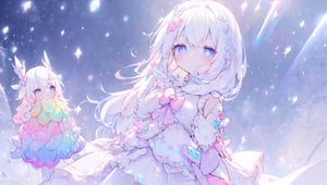 ((magical girl, white hair, rainbow eyes, doll dress, short dress, long hair, b cups, pale skin, soft skin, colorful snow background, rainbow, hearts, snow, snowing, ice, pastel, sun)), (masterpiece, best quality:1.2), fluffy, soft, light, bright, sparkles, twinkle, slightly downcast eyes, cute, pink, purple, crystals