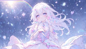 ((magical girl, white hair, rainbow eyes, doll dress, short dress, long hair, b cups, pale skin, soft skin, colorful snow background, rainbow, hearts, snow, snowing, ice, pastel, sun)), (masterpiece, best quality:1.2), fluffy, soft, light, bright, sparkles, twinkle, slightly downcast eyes, cute, pink, purple, crystals